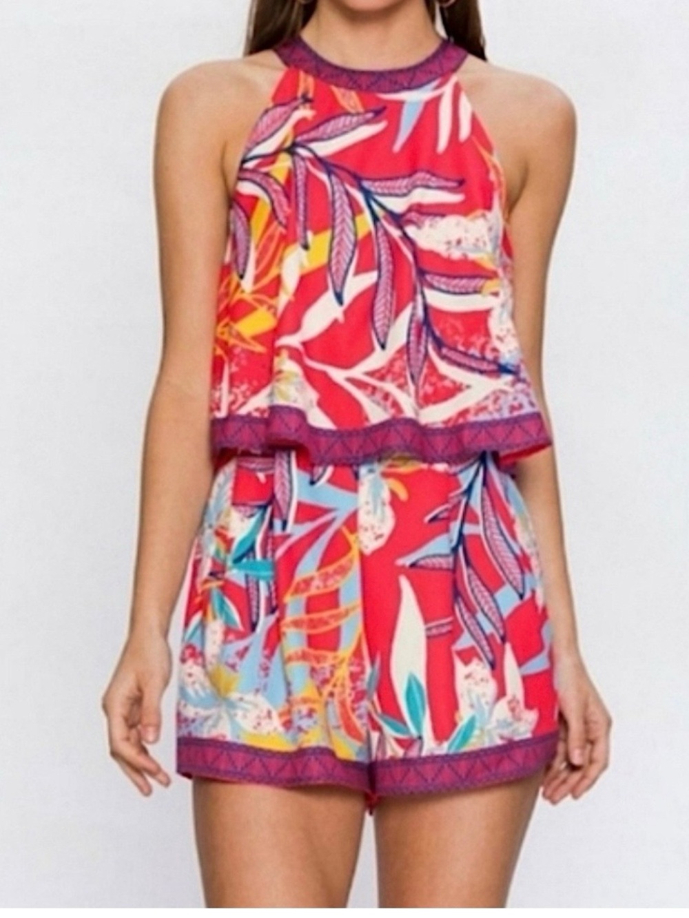 Flying Tomato Halter Tropical Romper Size L Coral Blue Boho Festival Summer